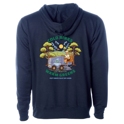 back view of classic navy colored lifestyle hoodie showing the "Fresh Sheet" full graphic from Putt Snipe Celly