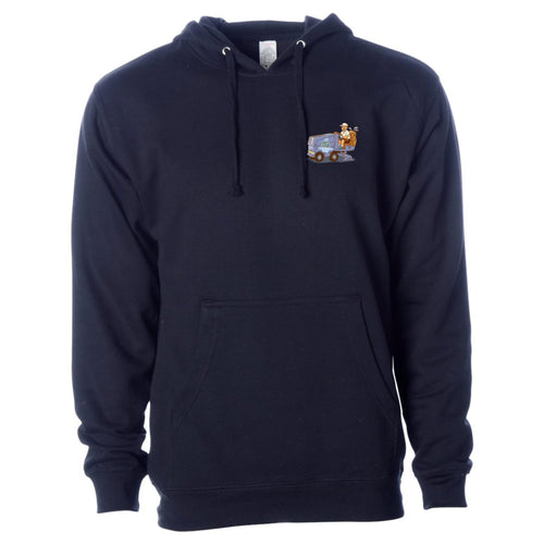 front view of classic navy colored lifestyle hoodie showing Zam-Golf-Cart from Putt Snipe Celly