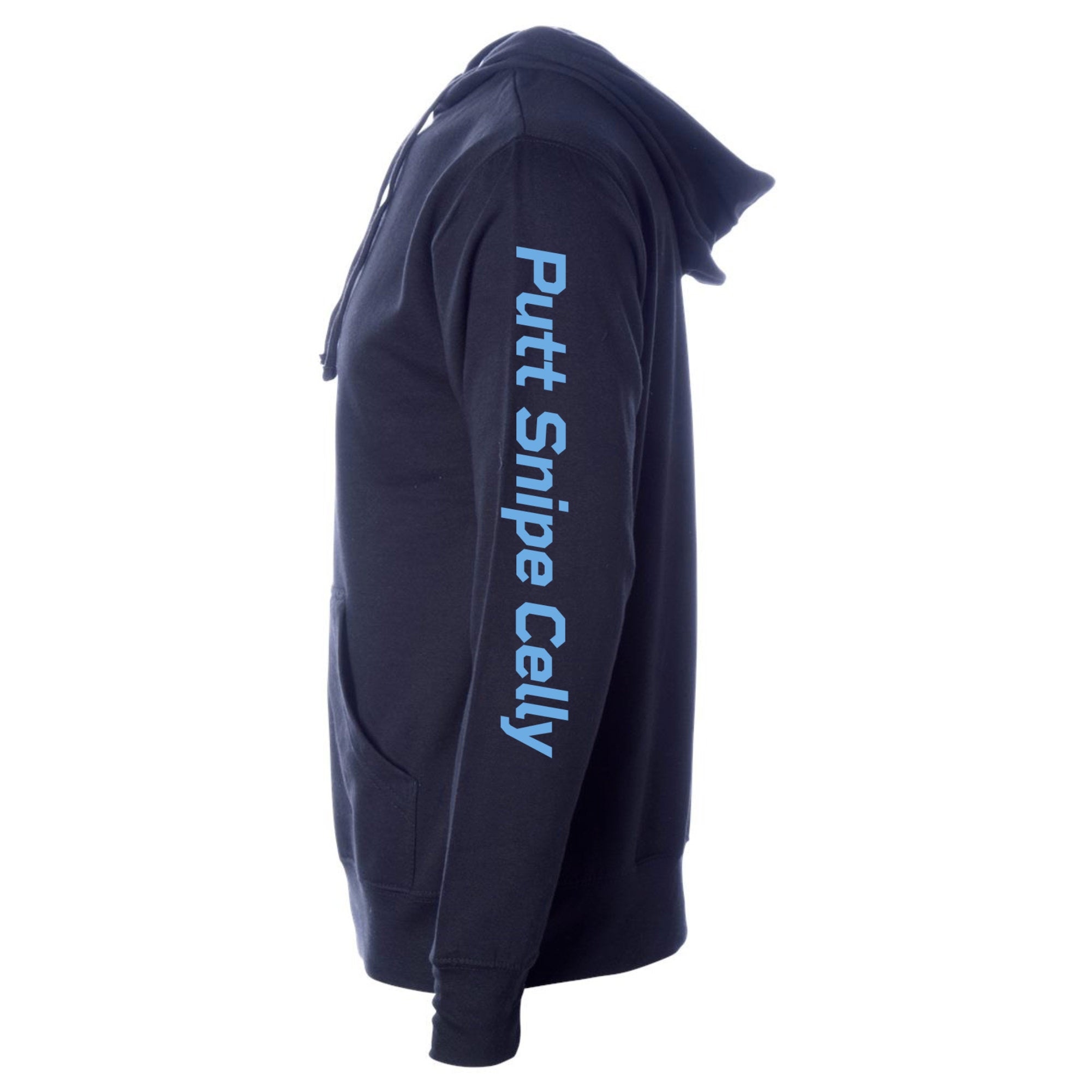 sleeve view of classic navy colored lifestyle hoodie showing the signature "Putt Snipe Celly" word mark