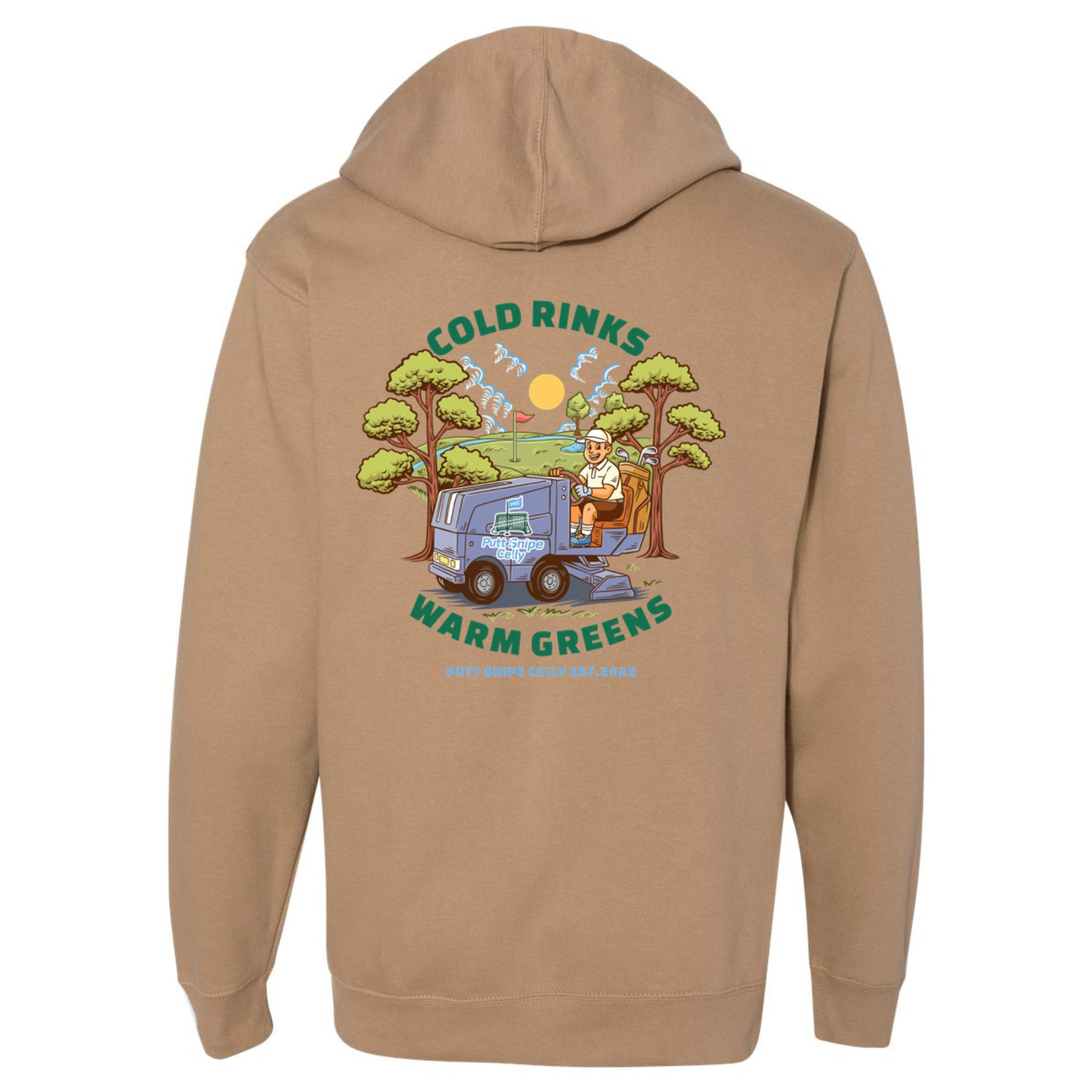 back view of sandstone colored lifestyle hoodie showing the "Fresh Sheet" full graphic from Putt Snipe Celly