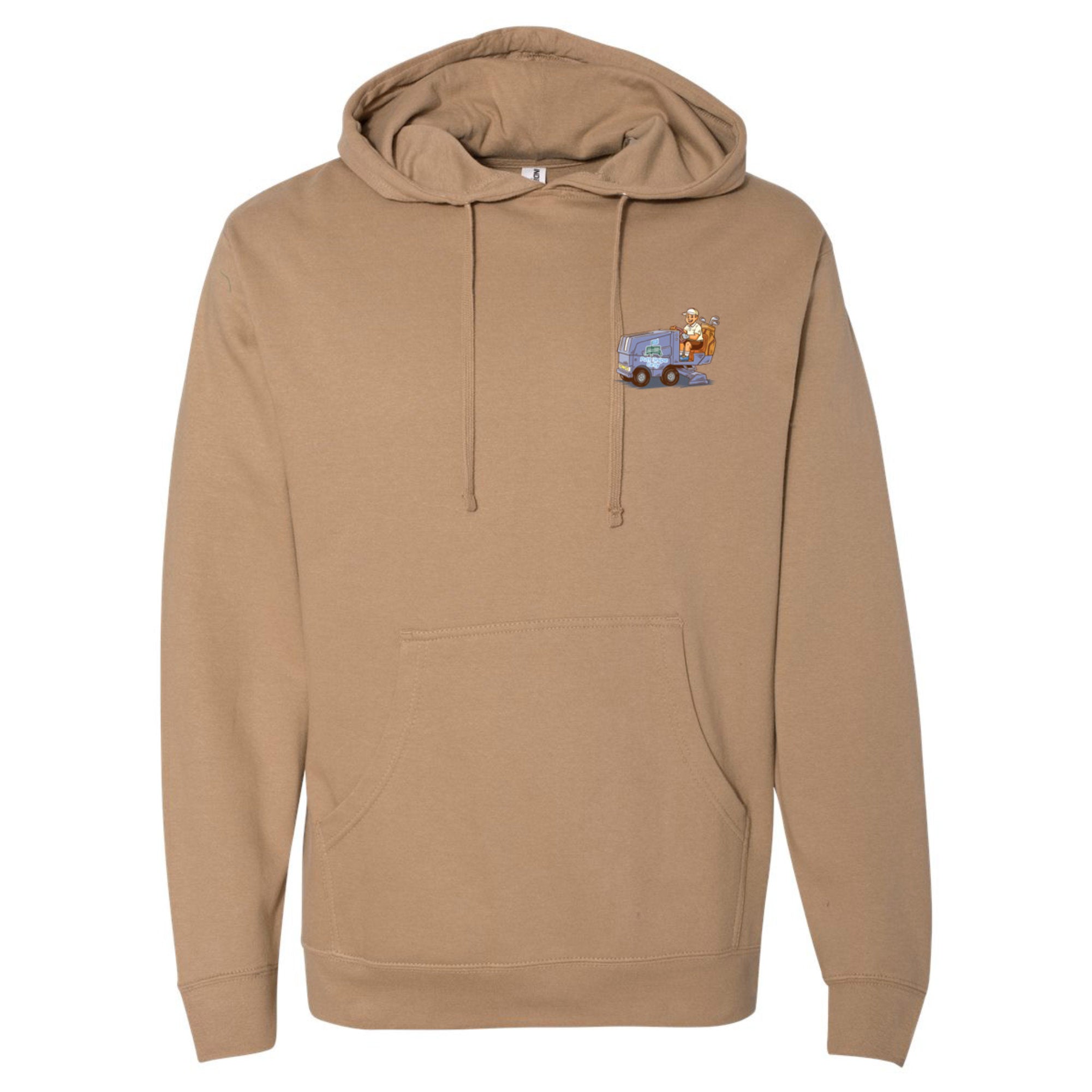 front view of sandstone colored lifestyle hoodie showing Zam-Golf-Cart from Putt Snipe Celly