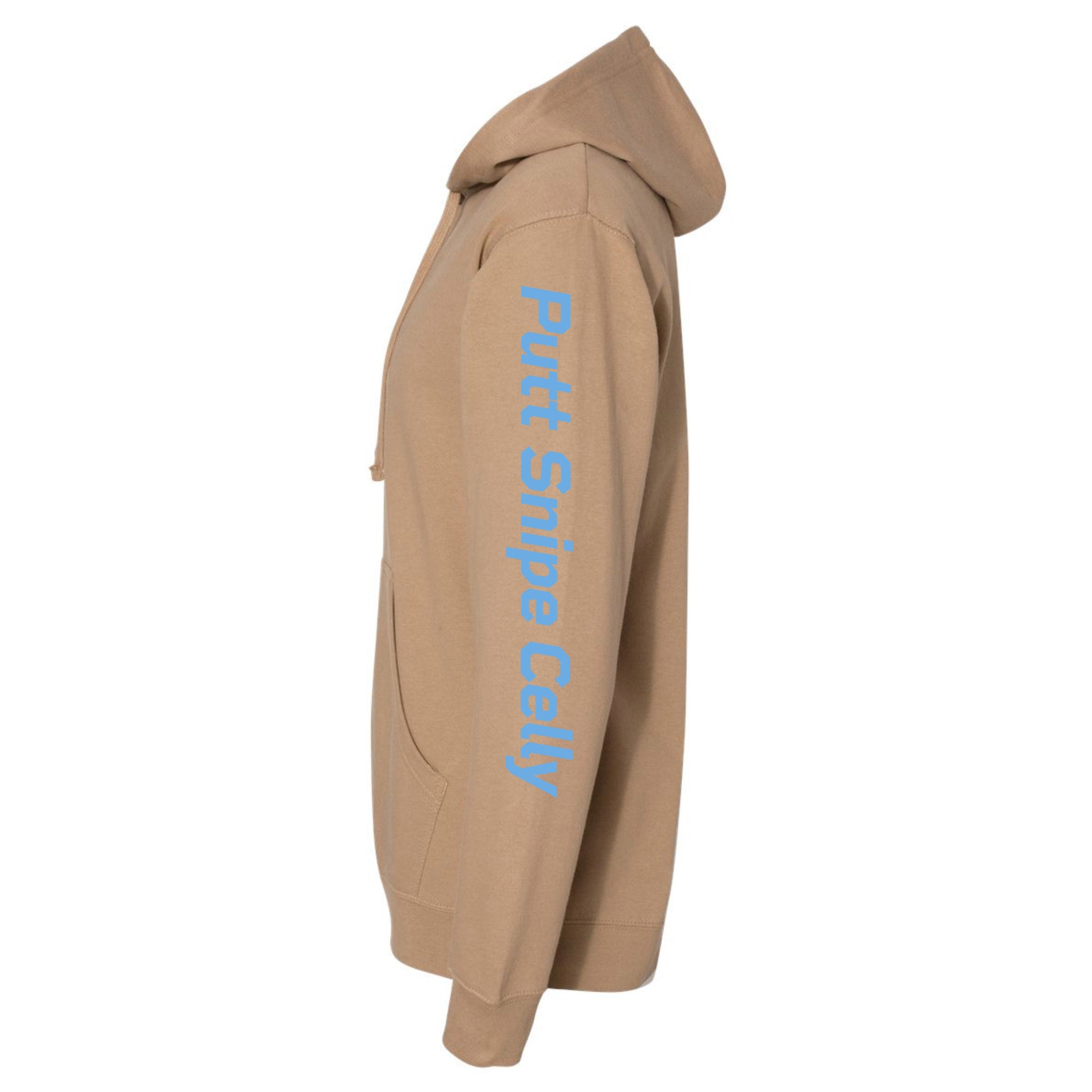 sleeve view of sandstone colored lifestyle hoodie showing the signature "Putt Snipe Celly" word mark