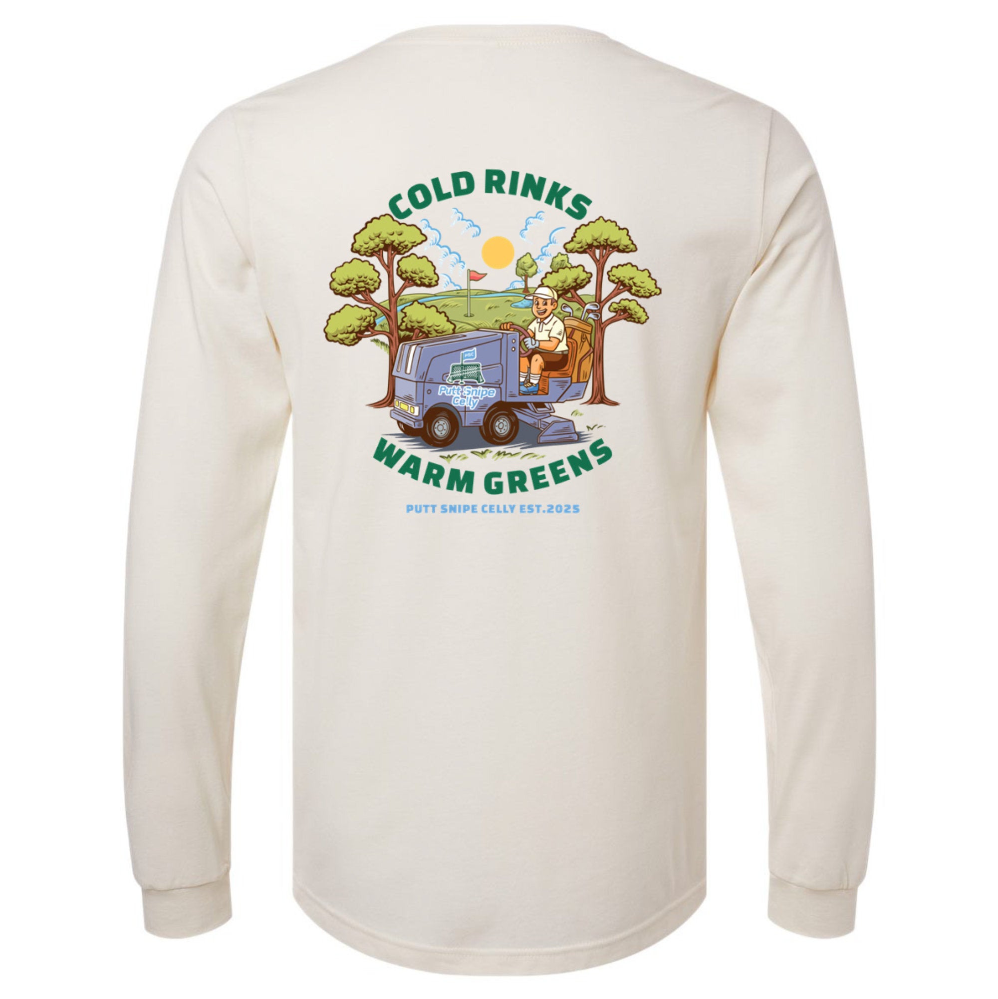 back view of heather natural long sleeve lifestyle t-shirt showing the "Fresh Sheet" full graphic from Putt Snipe Celly