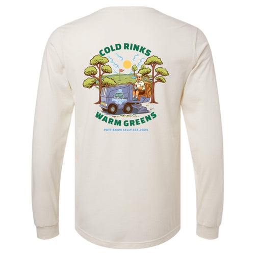 back view of heather natural long sleeve lifestyle t-shirt showing the "Fresh Sheet" full graphic from Putt Snipe Celly