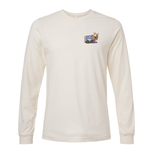 front view of heather natural colored long sleeve lifestyle t-shirt showing Zam-Golf-Cart from Putt Snipe Celly