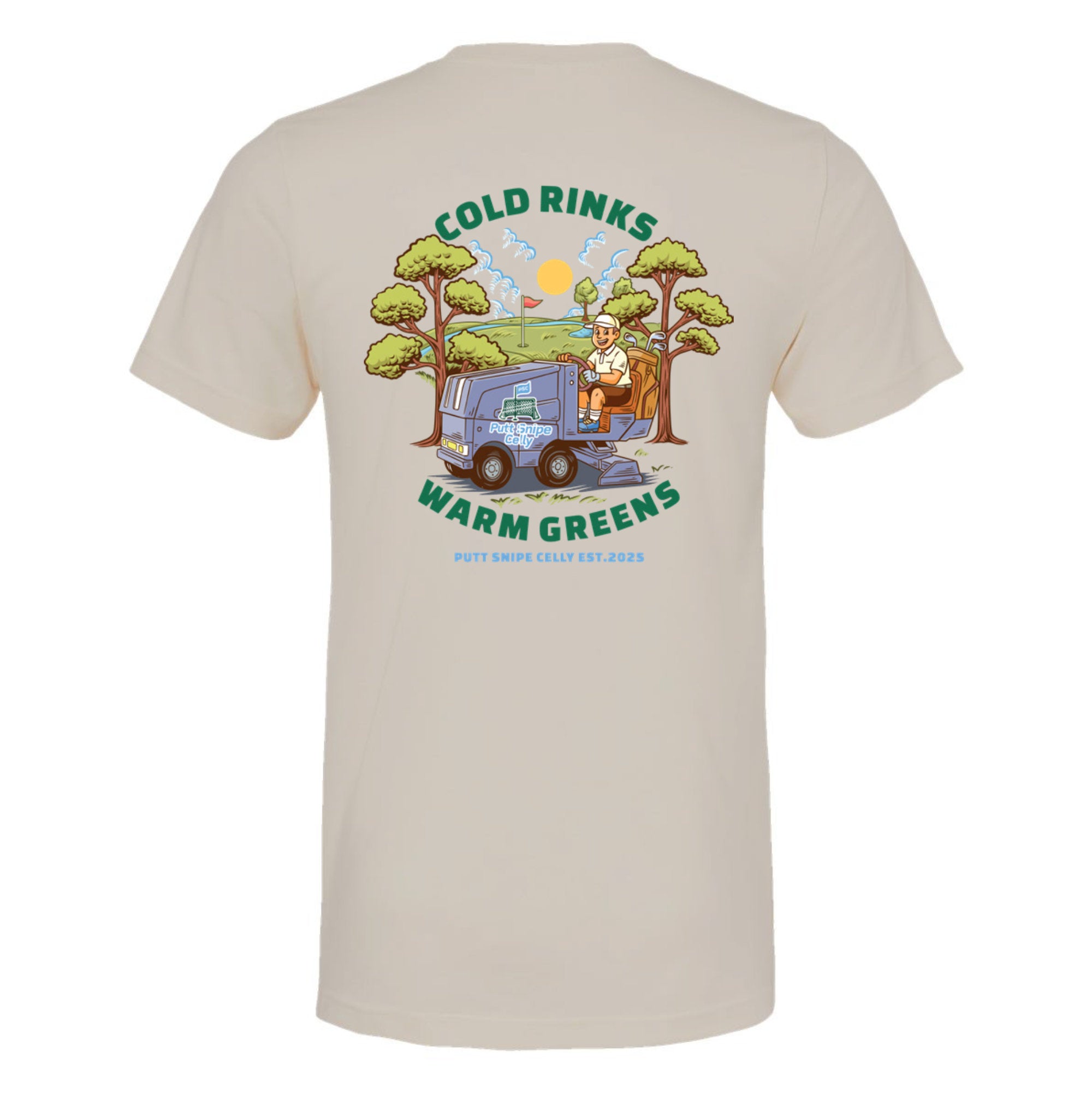 back view of heather dust colored lifestyle t-shirt showing the "Fresh Sheet" full graphic from Putt Snipe Celly