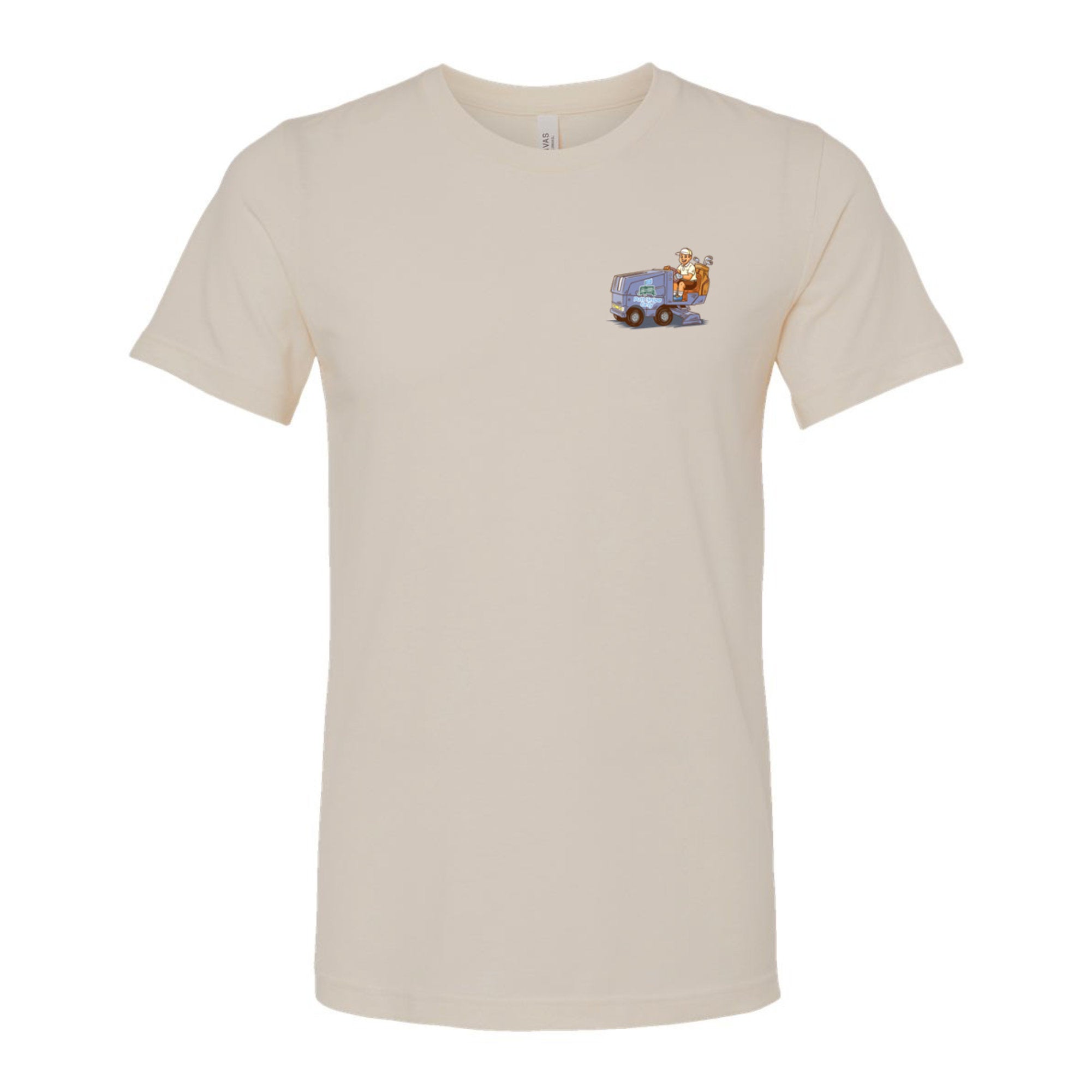 front view of heather dust colored lifestyle t-shirt showing Zam-Golf-Cart from Putt Snipe Celly