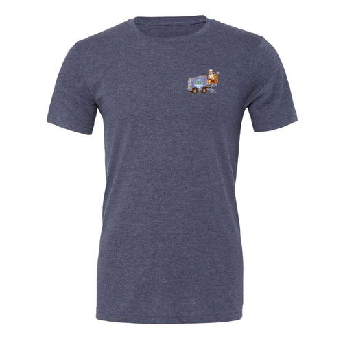 front view of heather midnight navy colored lifestyle t-shirt showing Zam-Golf-Cart from Putt Snipe Celly