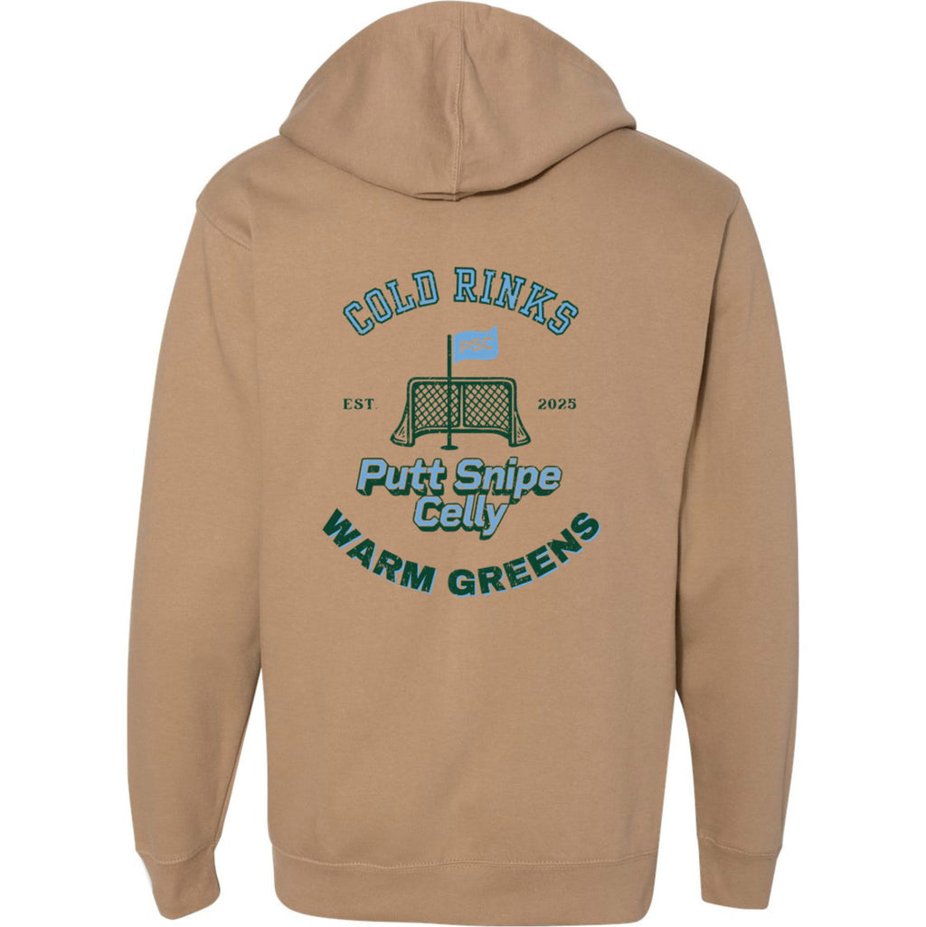 back view of sandstone colored lifestyle  hoodie showing the main Heritage design from  Putt Snipe Celly