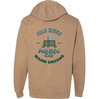 back view of sandstone colored lifestyle  hoodie showing the main Heritage design from  Putt Snipe Celly