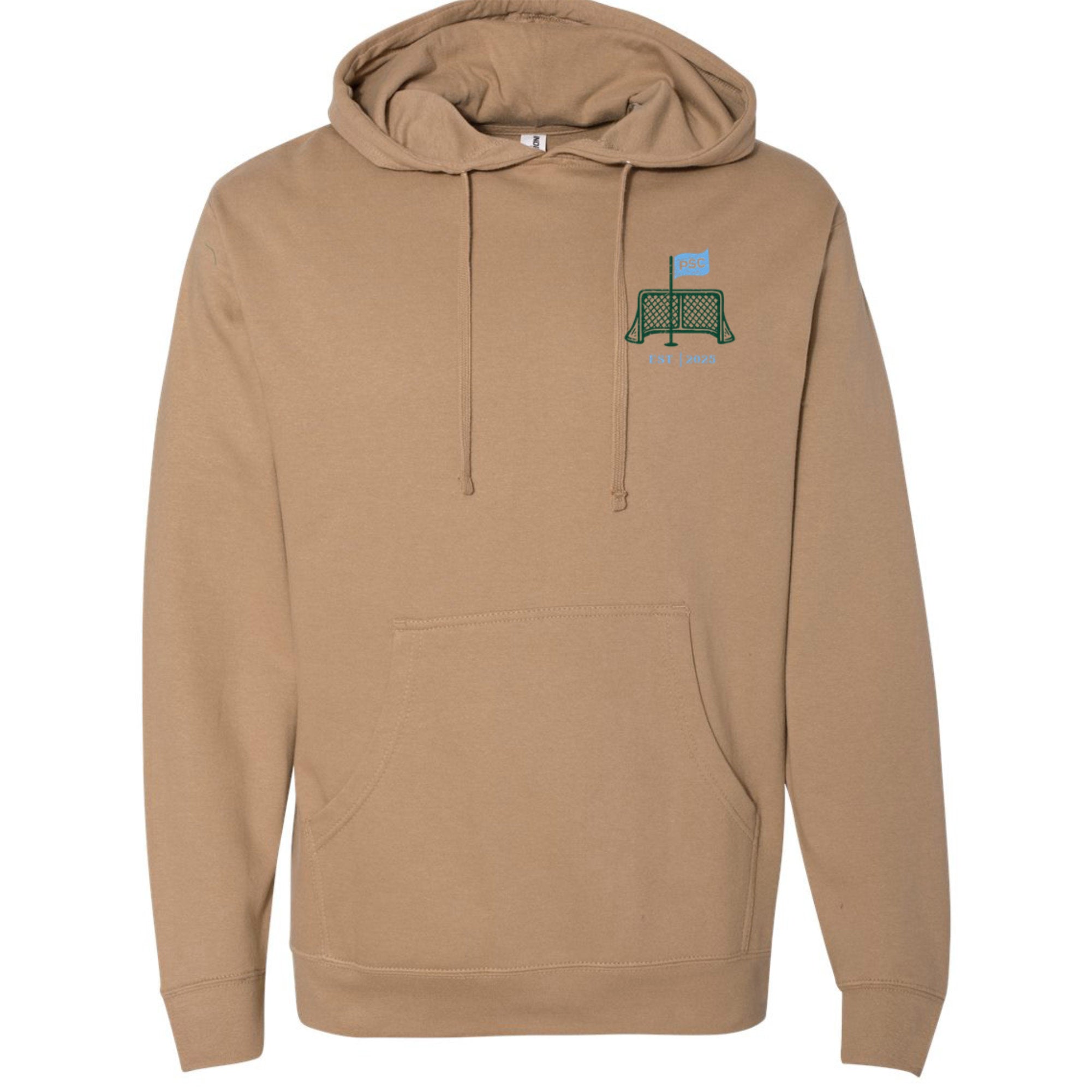 front view of sandstone colored lifestyle hoodie showing the Putt Snipe Celly net and flag logo.