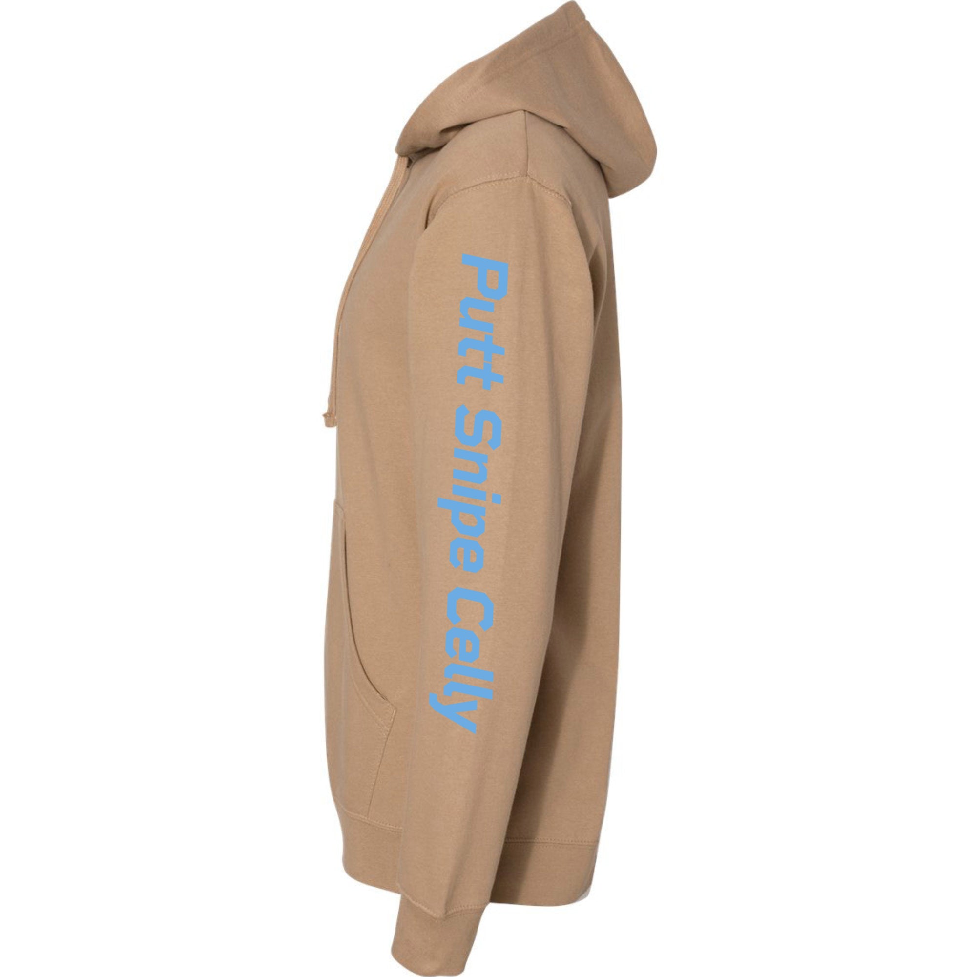 sleeve view of sandstone colored lifestyle hoodie showing the Putt Snipe Celly brand word mark