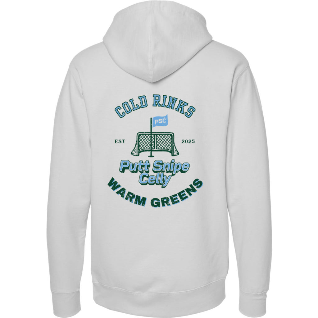 back view of smoke colored lifestyle hoodie showing main Heritage design from Putt Snipe Celly