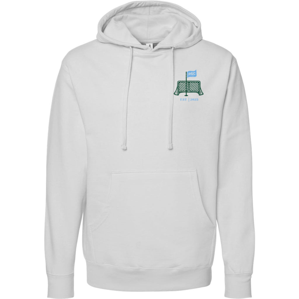 front view of smoke colored lifestyle hoodie showing the Putt Snipe Celly net and flag logo.