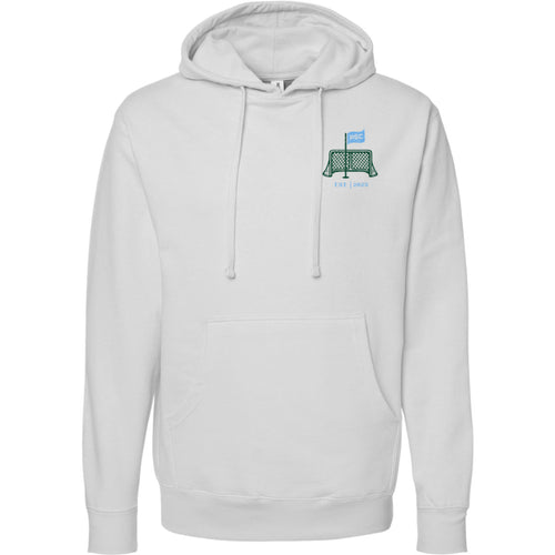 front view of smoke colored lifestyle hoodie showing the Putt Snipe Celly net and flag logo.