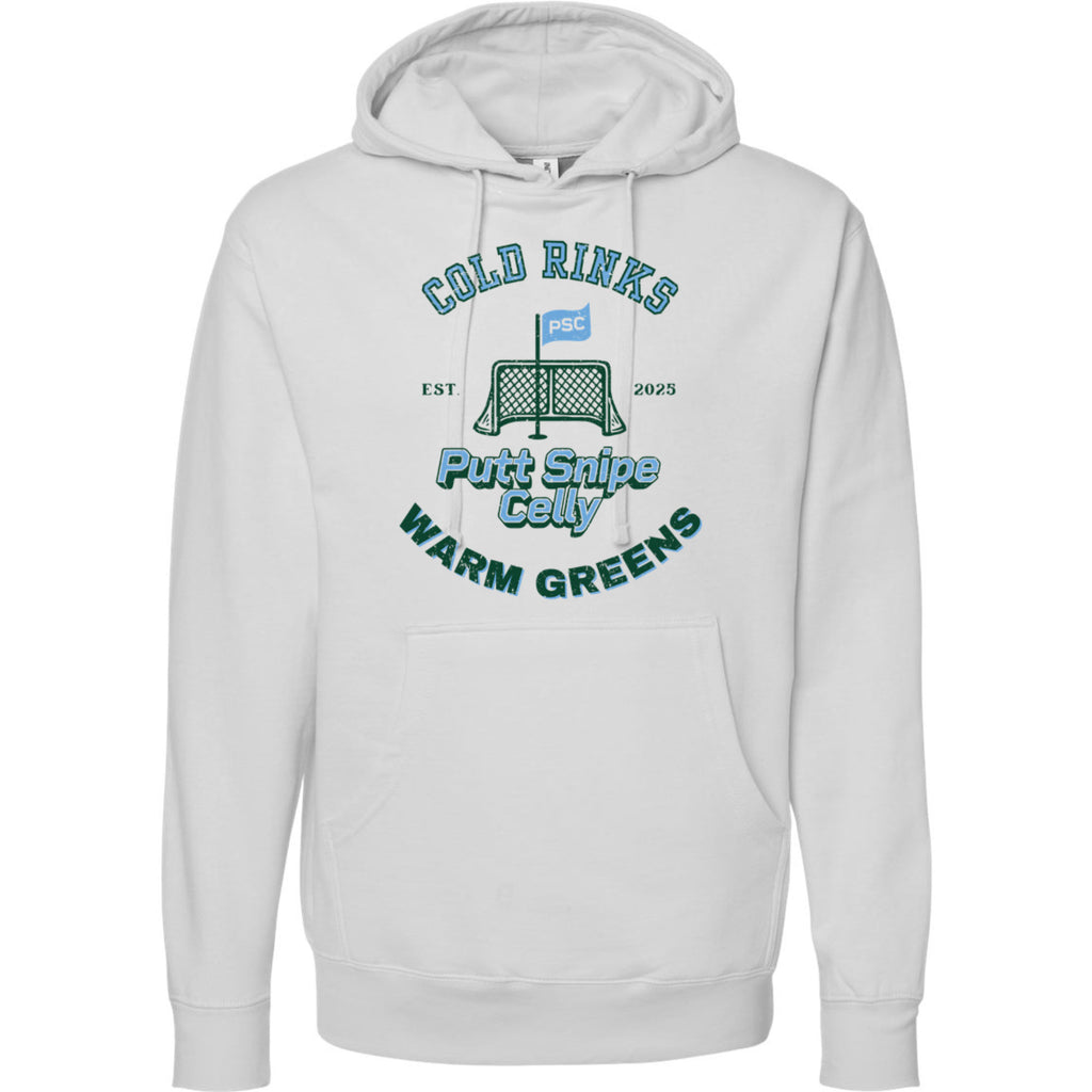 front view of smoke colored lifestyle hoodie showing main Heritage design from Putt Snipe Celly.