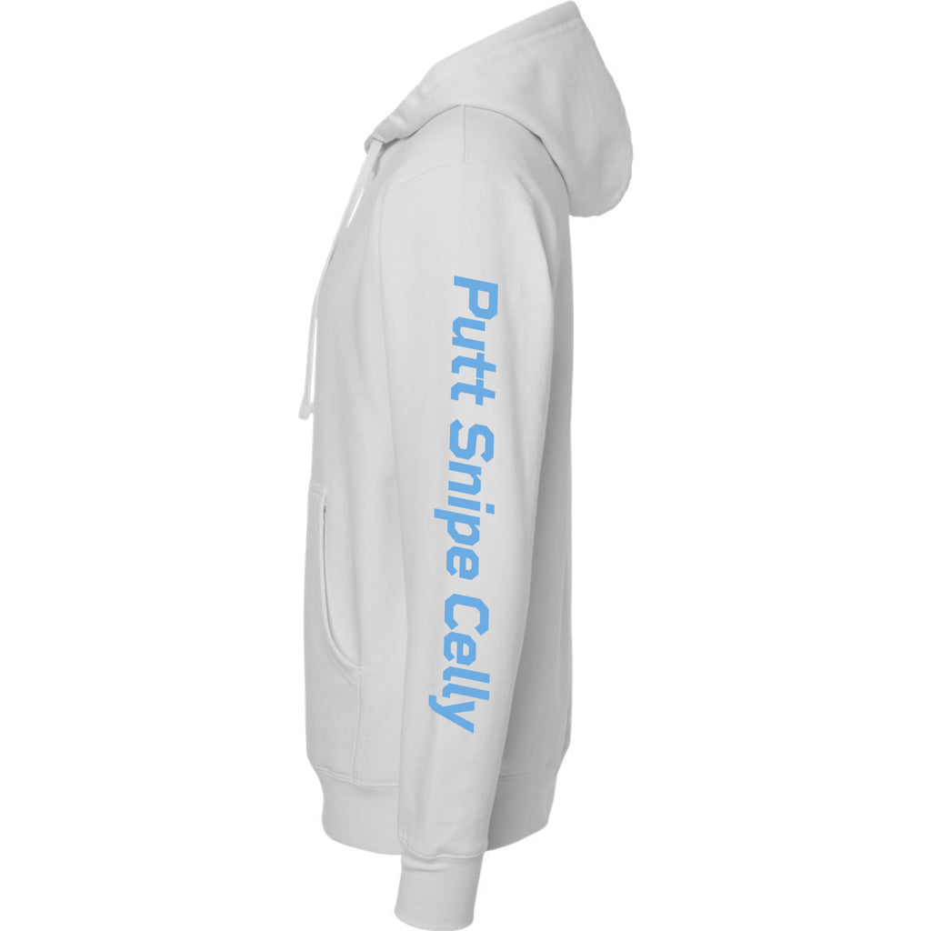 front view of smoke colored lifestyle hoodie showing main Heritage design from Putt Snipe Celly.