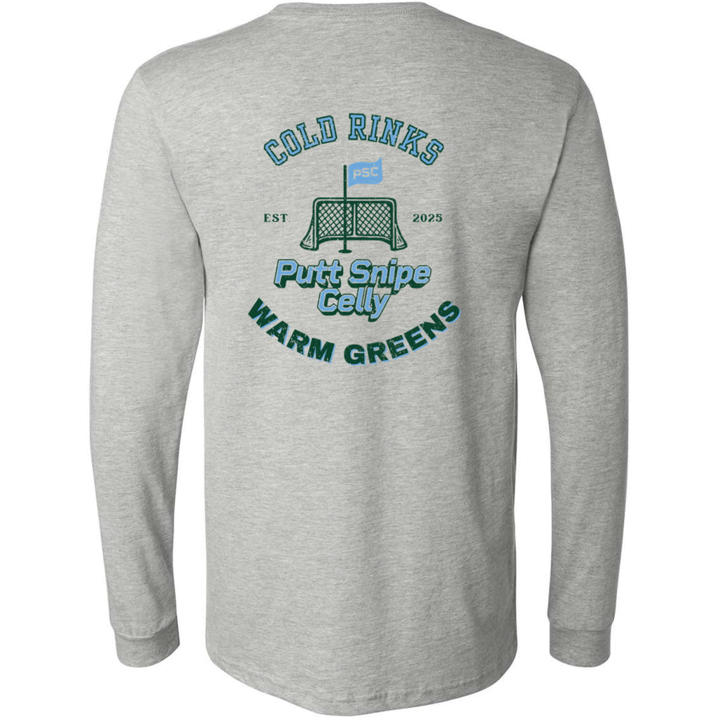 back view of athletic heather long sleeve lifestyle t-shirt showing full "Heritage" graphic from Putt Snipe Celly