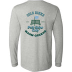 back view of athletic heather long sleeve lifestyle t-shirt showing full "Heritage" graphic from Putt Snipe Celly
