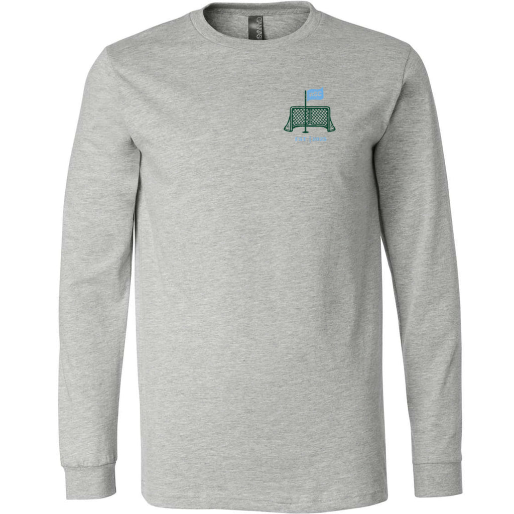 front view of athletic heather long sleeve lifestyle t-shirt showing pin-net shield from Putt Snipe Celly