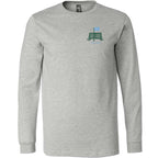 front view of athletic heather long sleeve lifestyle t-shirt showing pin-net shield from Putt Snipe Celly