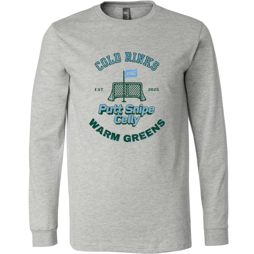 front view of athletic heather long sleeve lifestyle t-shirt showing full "Heritage" graphic from Putt Snipe Celly
