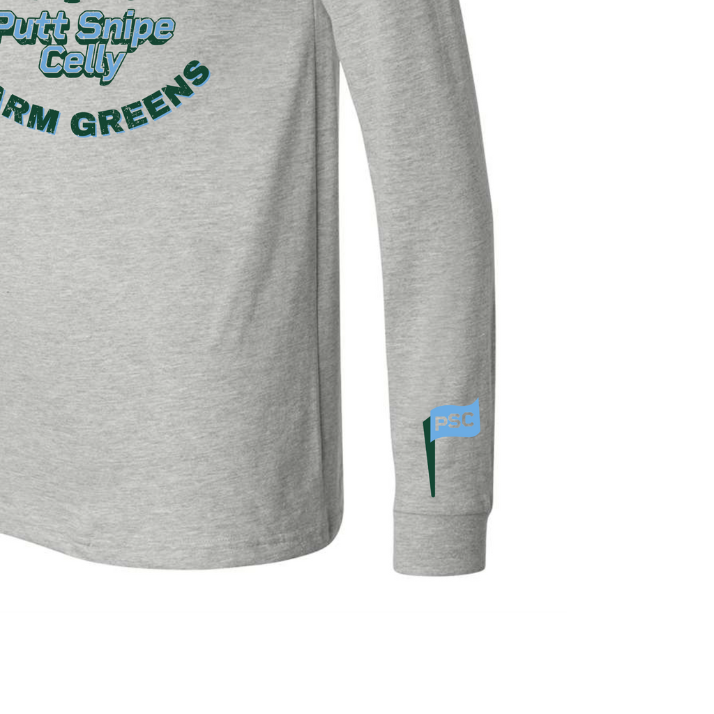 sleeve close up view of athletic heather long sleeve lifestyle t-shirt showing PSC icon logo from Putt Snipe Celly