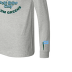 sleeve close up view of athletic heather long sleeve lifestyle t-shirt showing PSC icon logo from Putt Snipe Celly