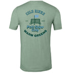 back view of sage colored lifestyle t-shirt showing full "Heritage" graphic from Putt Snipe Celly