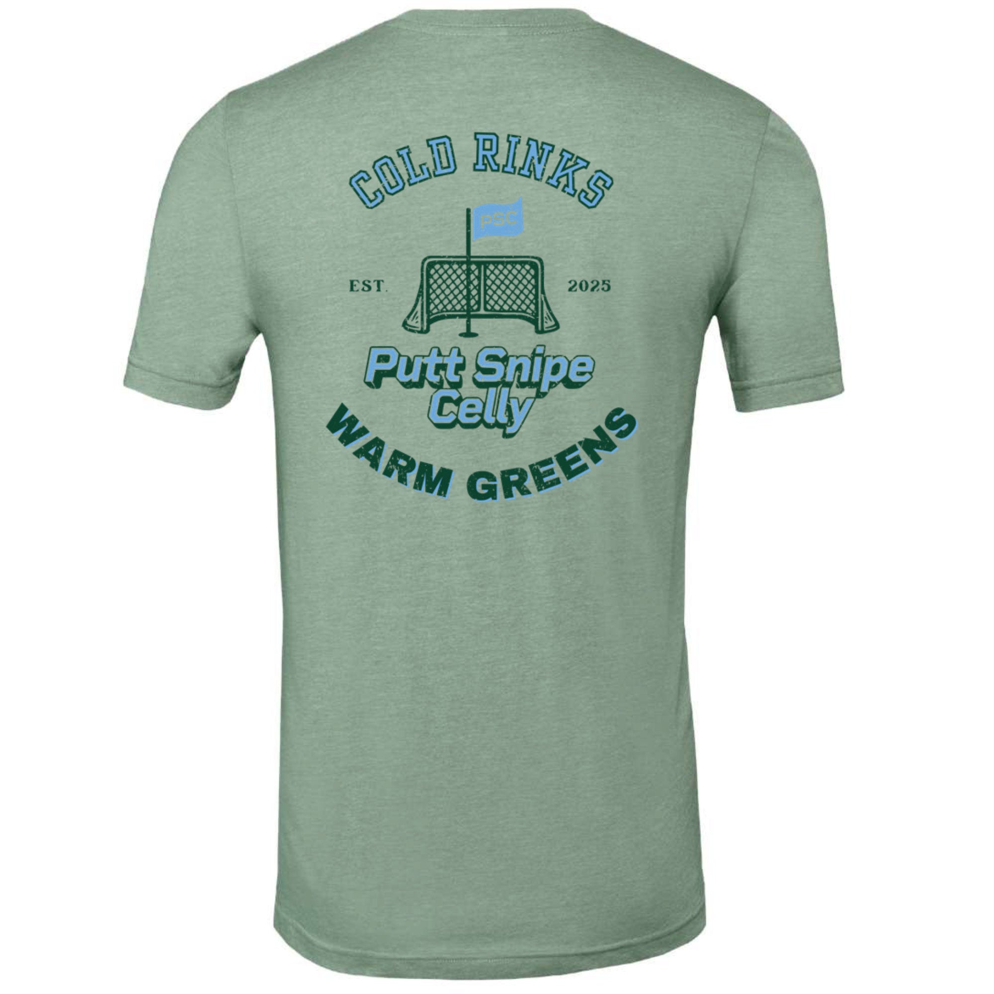 back view of sage colored lifestyle t-shirt showing full "Heritage" graphic from Putt Snipe Celly