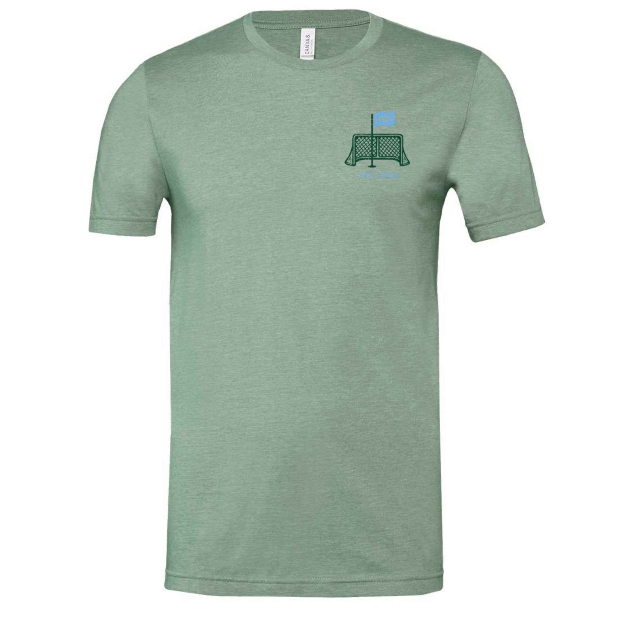 front view of sage colored lifestyle t-shirt showing pin-net shield from Putt Snipe Celly