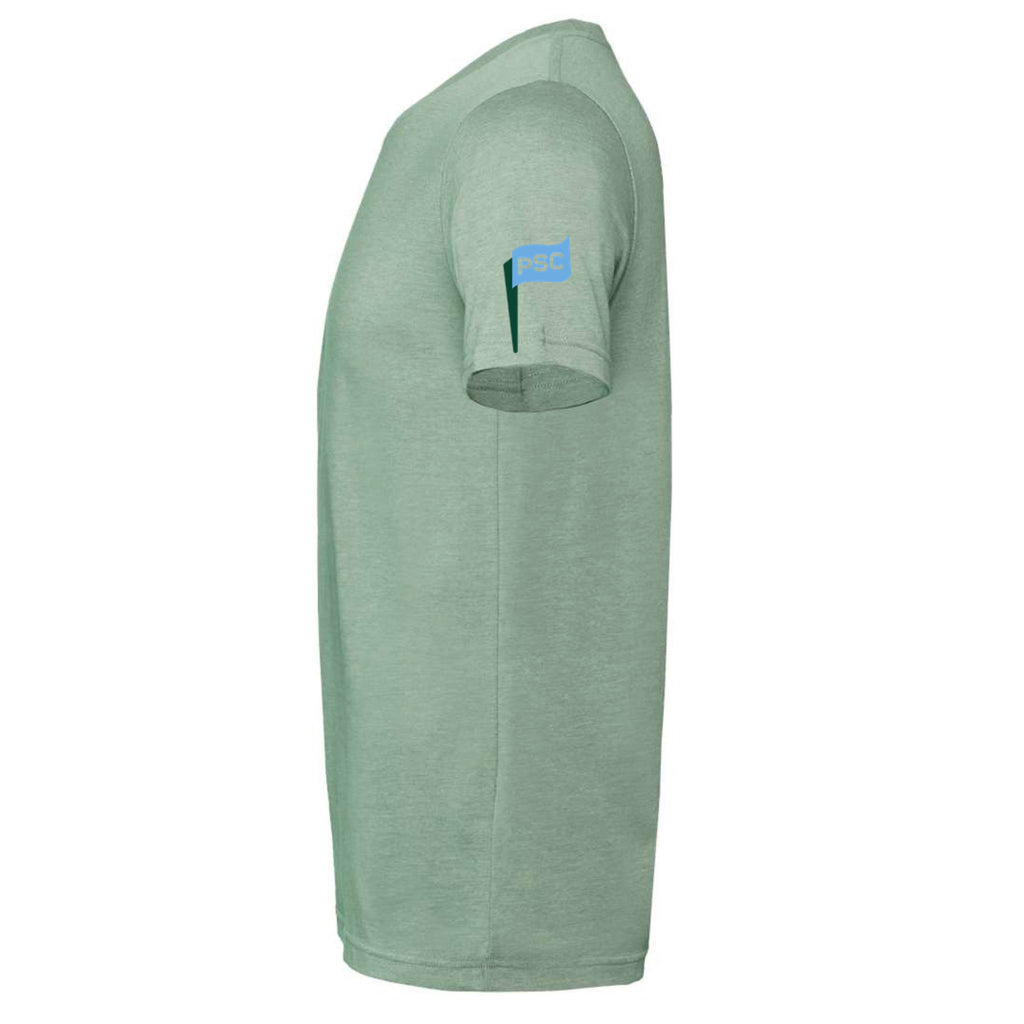 sleeve view of sage colored lifestyle t-shirt showing the signature PSC icon logo from Putt Snipe Celly