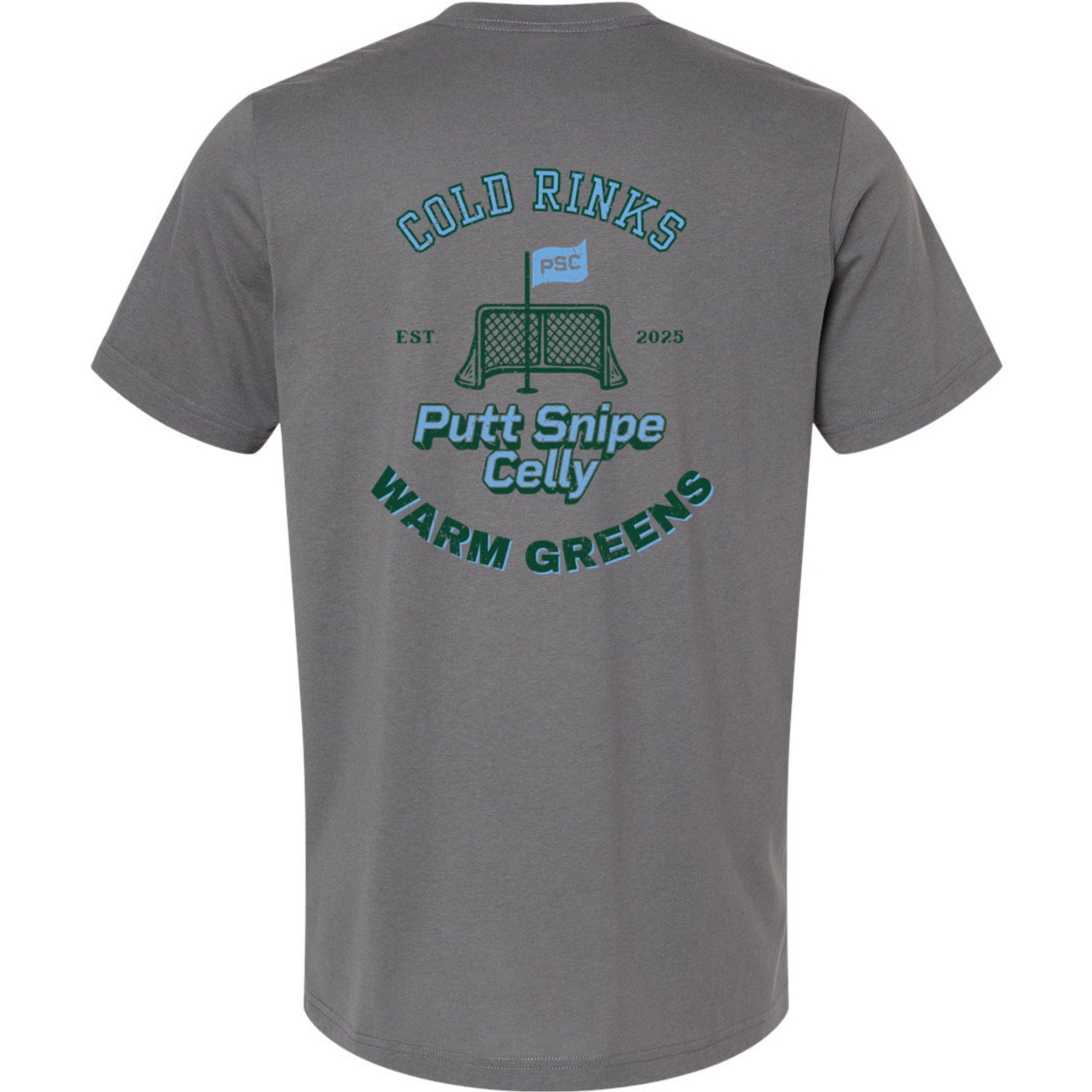 front view of solid asphalt colored lifestyle t-shirt showing full "Heritage" graphic from Putt Snipe Celly