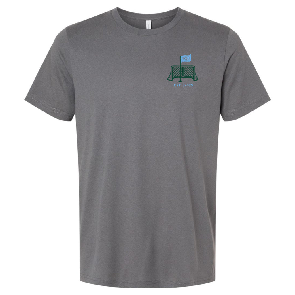front view of solid asphalt colored lifestyle t-shirt showing pin-net shield from Putt Snipe Celly