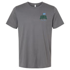 front view of solid asphalt colored lifestyle t-shirt showing pin-net shield from Putt Snipe Celly