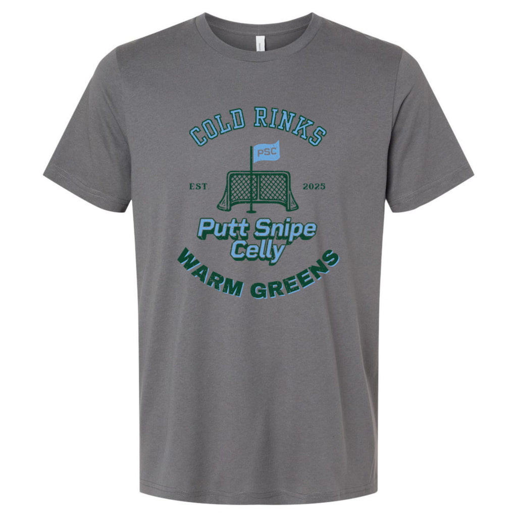 front view of solid asphalt lifestyle t-shirt showing full "Heritage" graphic from Putt Snipe Celly