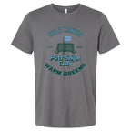 front view of solid asphalt lifestyle t-shirt showing full "Heritage" graphic from Putt Snipe Celly