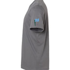 sleeve view of solid asphalt colored lifestyle t-shirt showing the signature PSC icon logo from Putt Snipe Celly