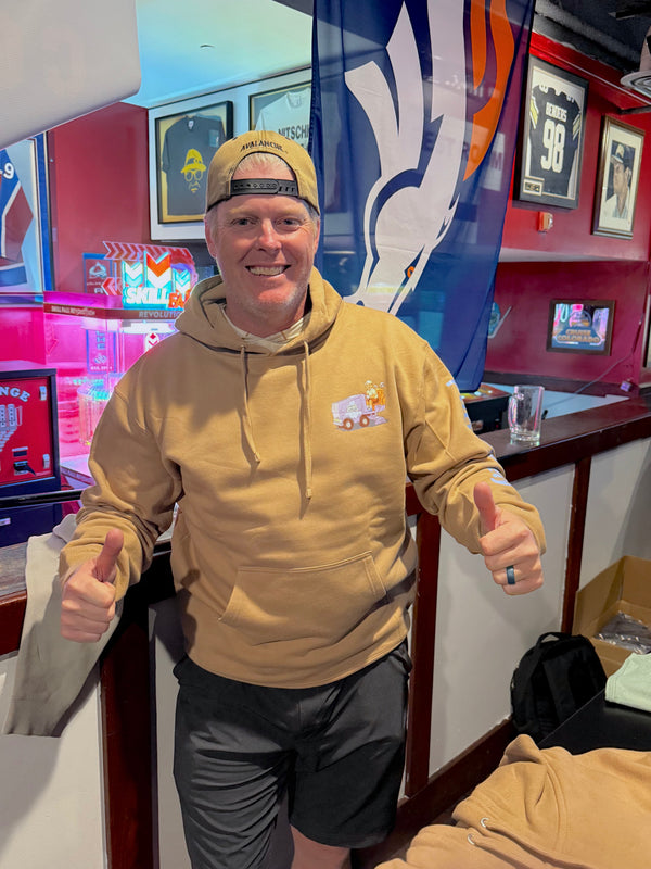 Giveaway Winner Tim G. wearing the Fresh Sheet hoodie in the iconic sandstone color.